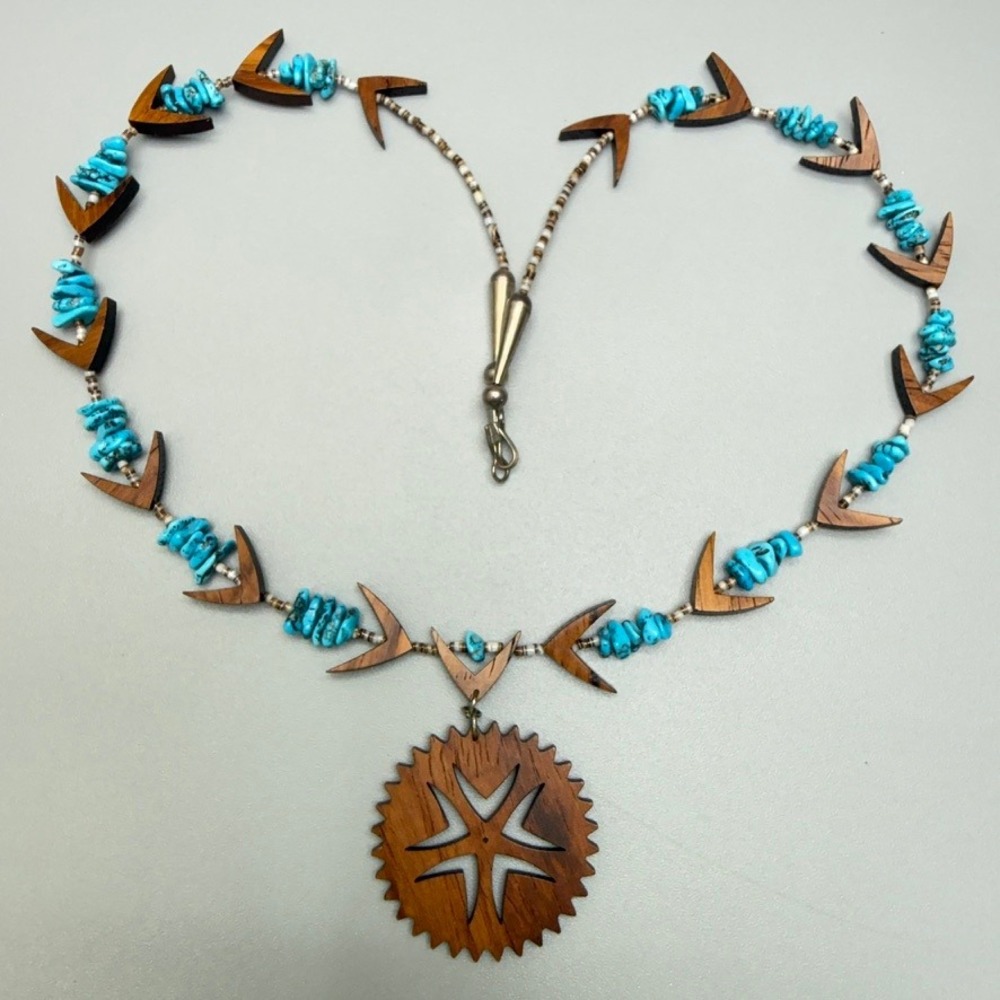 Laser Cut Wood Heishi Blue Stone Bead Necklace 22" Southwesternβ Chic